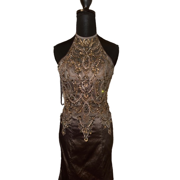 Morilee Madeline Gardner Taupe Formal Beaded Gown Halter Dress Sz 6 Black Tie - Picture 5 of 16
